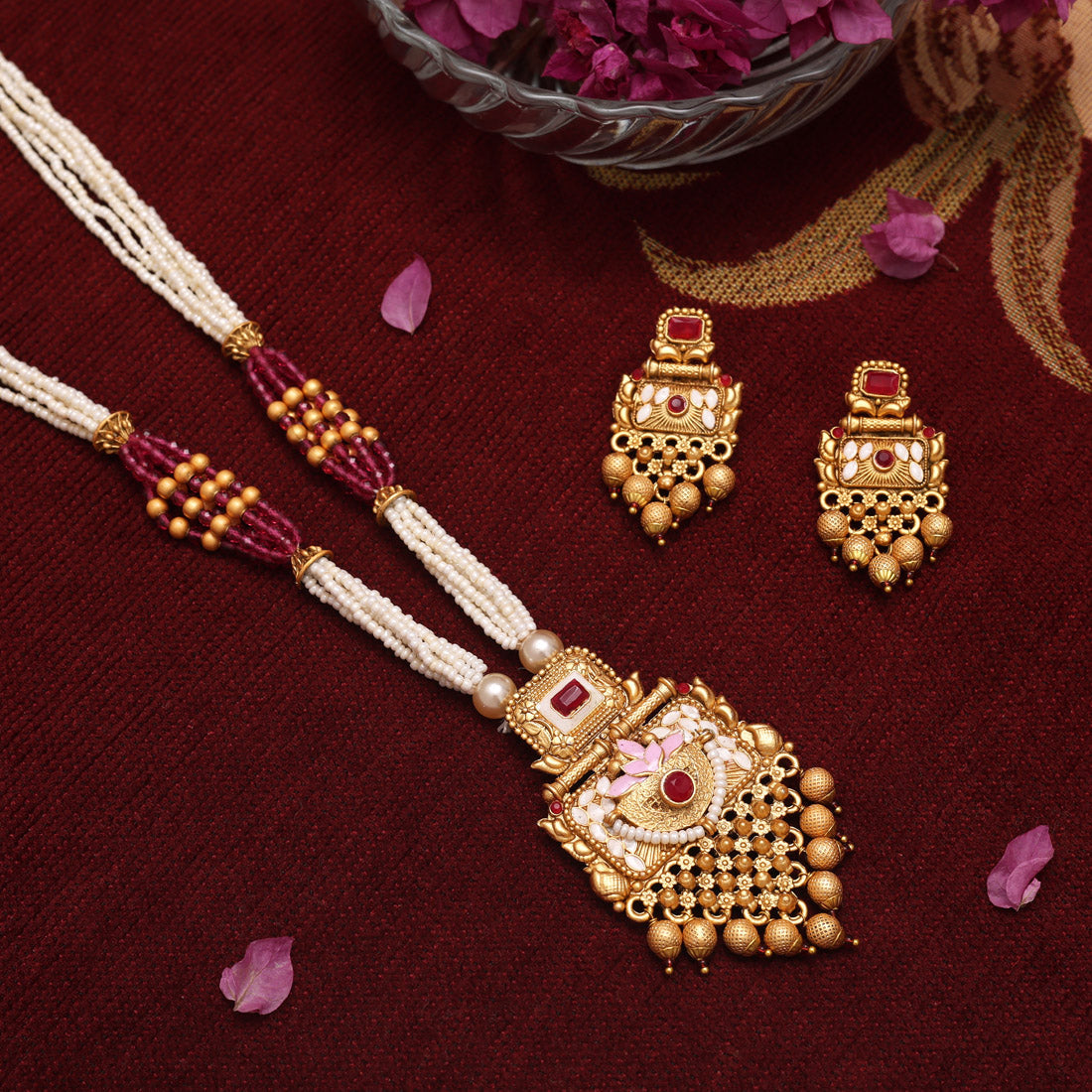 Rani Color Meena Work Matte Gold Rajwadi Temple Necklace Set (TPLN692RNI) - Preyans.com