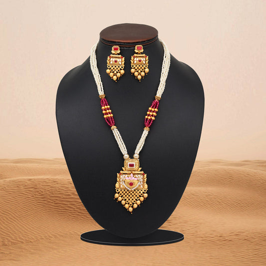 Rani Color Meena Work Matte Gold Rajwadi Temple Necklace Set (TPLN692RNI) - Preyans.com