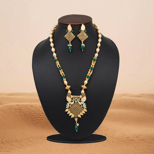 Green Color Meena Work Matte Gold Rajwadi Temple Necklace Set (TPLN693GRN) - Preyans.com