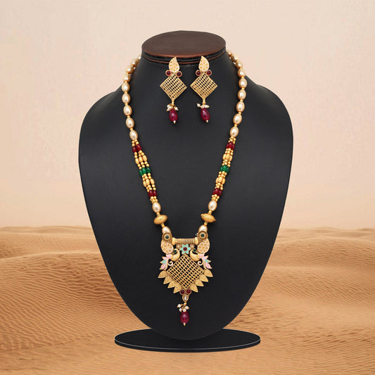 Rani & Green Color Meena Work Matte Gold Rajwadi Temple Necklace Set (TPLN693RNIGRN) - Preyans.com