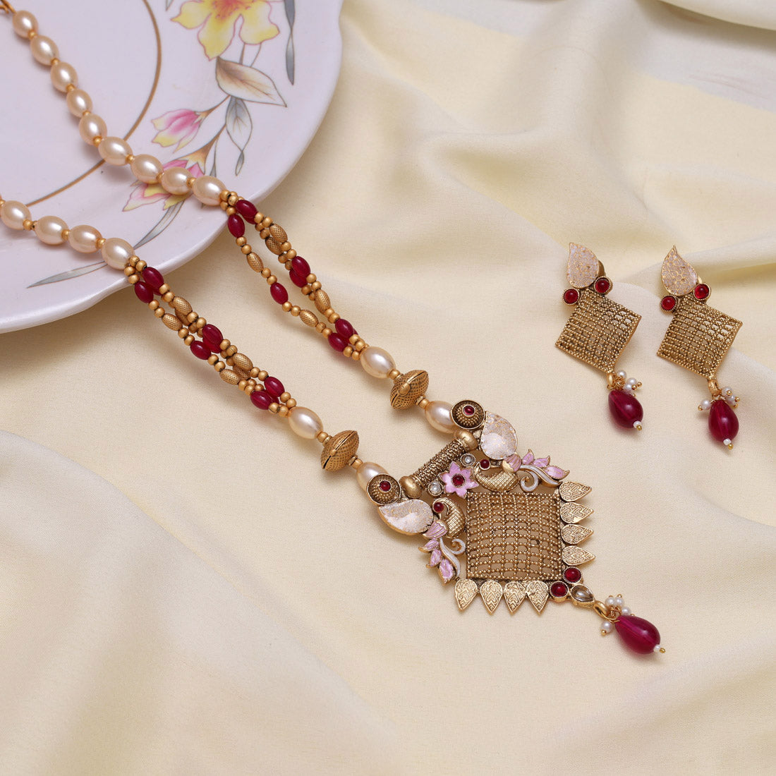 Rani Color Meena Work Matte Gold Rajwadi Temple Necklace Set (TPLN693RNI) - Preyans.com