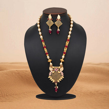 Rani Color Meena Work Matte Gold Rajwadi Temple Necklace Set (TPLN693RNI) - Preyans.com