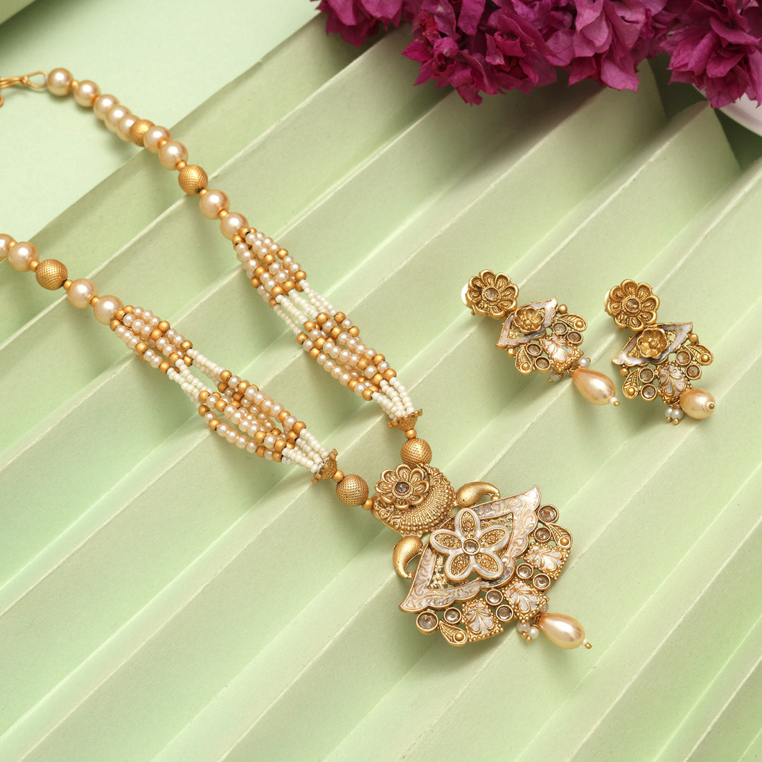 Gold Color Meena Work Matte Gold Rajwadi Temple Necklace Set (TPLN694GLD) - Preyans.com