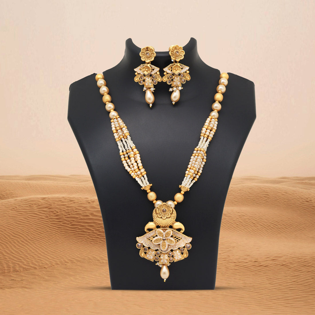 Gold Color Meena Work Matte Gold Rajwadi Temple Necklace Set (TPLN694GLD) - Preyans.com