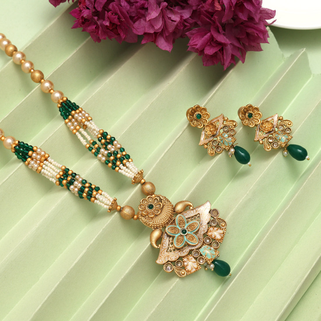 Green Color Meena Work Matte Gold Rajwadi Temple Necklace Set (TPLN694GRN) - Preyans.com