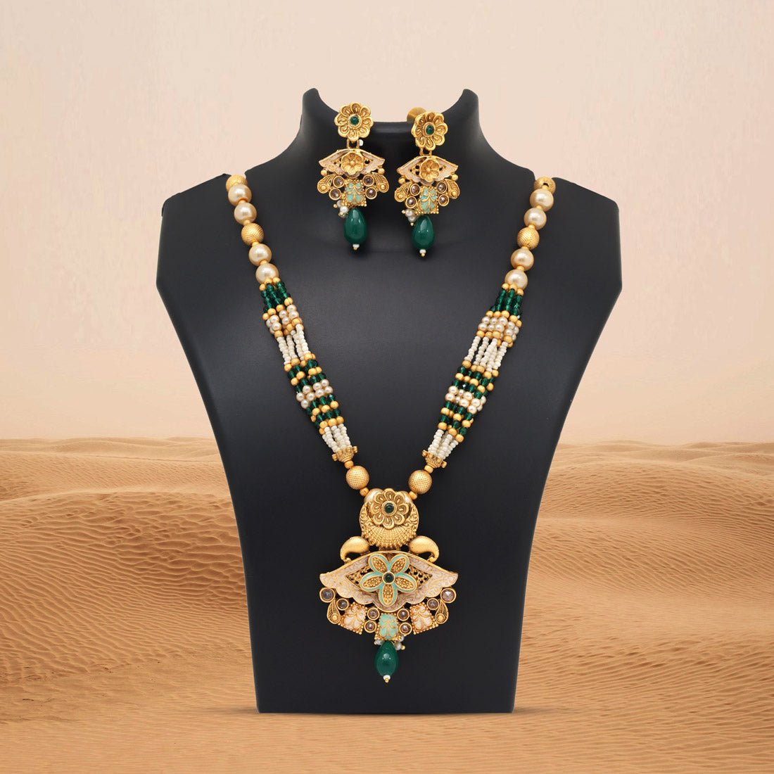 Green Color Meena Work Matte Gold Rajwadi Temple Necklace Set (TPLN694GRN) - Preyans.com