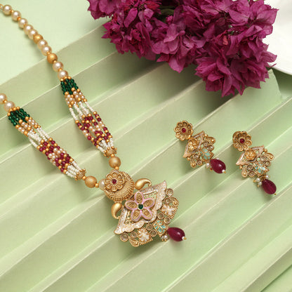 Rani & Green Color Meena Work Matte Gold Rajwadi Temple Necklace Set (TPLN694RNIGRN) - Preyans.com