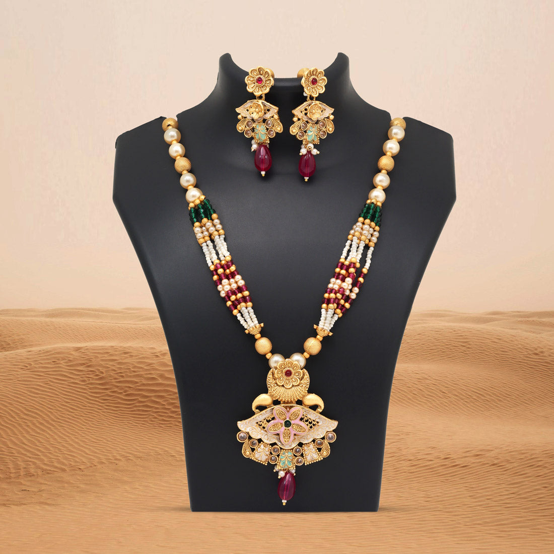 Rani & Green Color Meena Work Matte Gold Rajwadi Temple Necklace Set (TPLN694RNIGRN) - Preyans.com