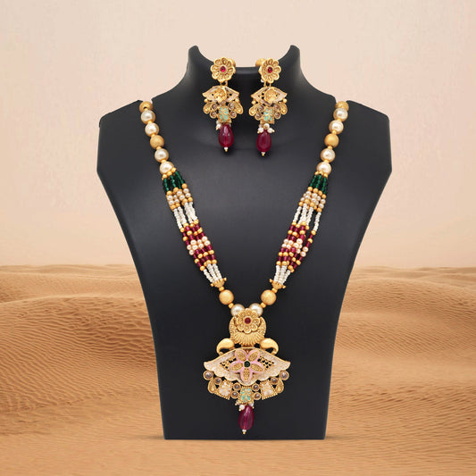 Rani & Green Color Meena Work Matte Gold Rajwadi Temple Necklace Set (TPLN694RNIGRN) - Preyans.com