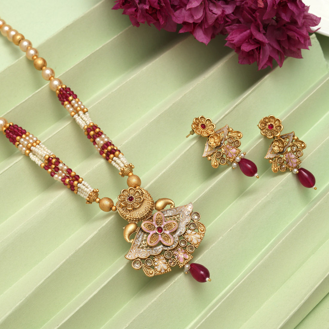 Rani Color Meena Work Matte Gold Rajwadi Temple Necklace Set (TPLN694RNI) - Preyans.com