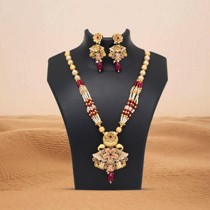 Rani Color Meena Work Matte Gold Rajwadi Temple Necklace Set (TPLN694RNI) - Preyans.com