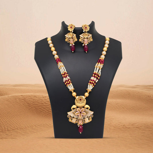 Rani Color Meena Work Matte Gold Rajwadi Temple Necklace Set (TPLN694RNI) - Preyans.com