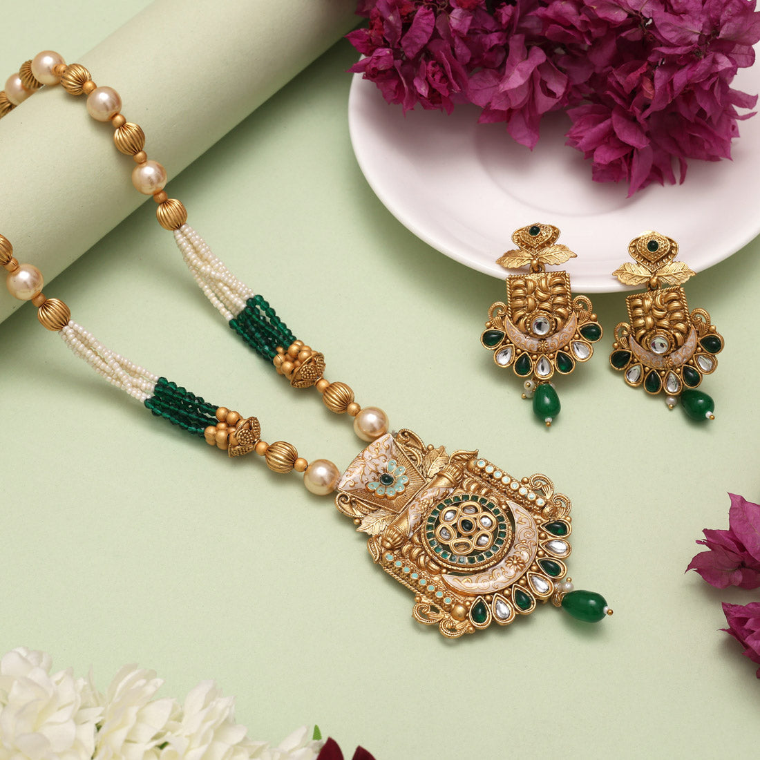 Green Color Meena Work Matte Gold Rajwadi Temple Necklace Set (TPLN695GRN) - Preyans.com