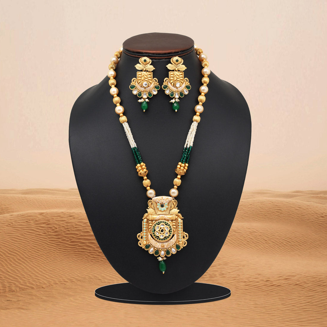 Green Color Meena Work Matte Gold Rajwadi Temple Necklace Set (TPLN695GRN) - Preyans.com