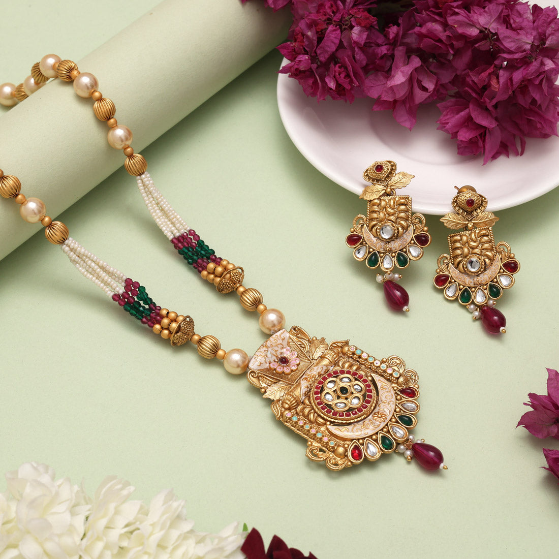 Rani & Green Color Meena Work Matte Gold Rajwadi Temple Necklace Set (TPLN695RNIGRN) - Preyans.com