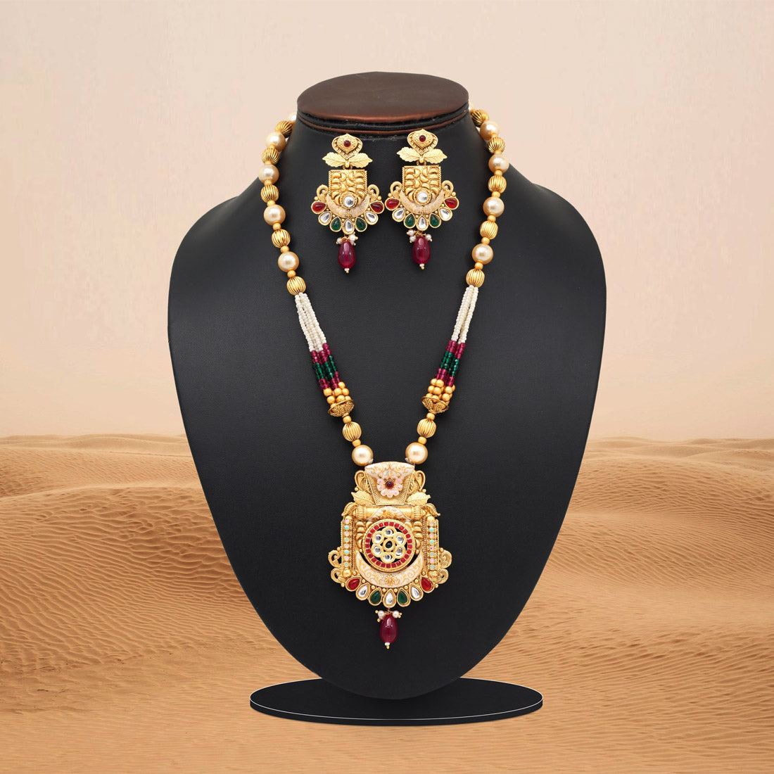 Rani & Green Color Meena Work Matte Gold Rajwadi Temple Necklace Set (TPLN695RNIGRN) - Preyans.com