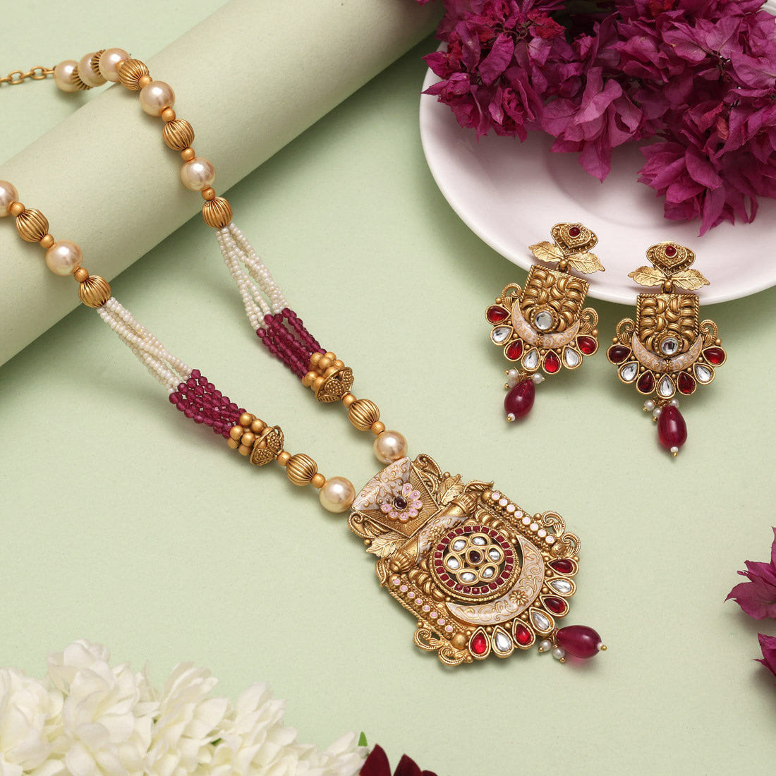 Rani Color Meena Work Matte Gold Rajwadi Temple Necklace Set (TPLN695RNI) - Preyans.com