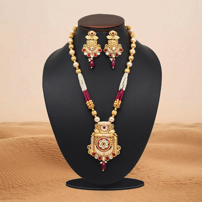 Rani Color Meena Work Matte Gold Rajwadi Temple Necklace Set (TPLN695RNI) - Preyans.com