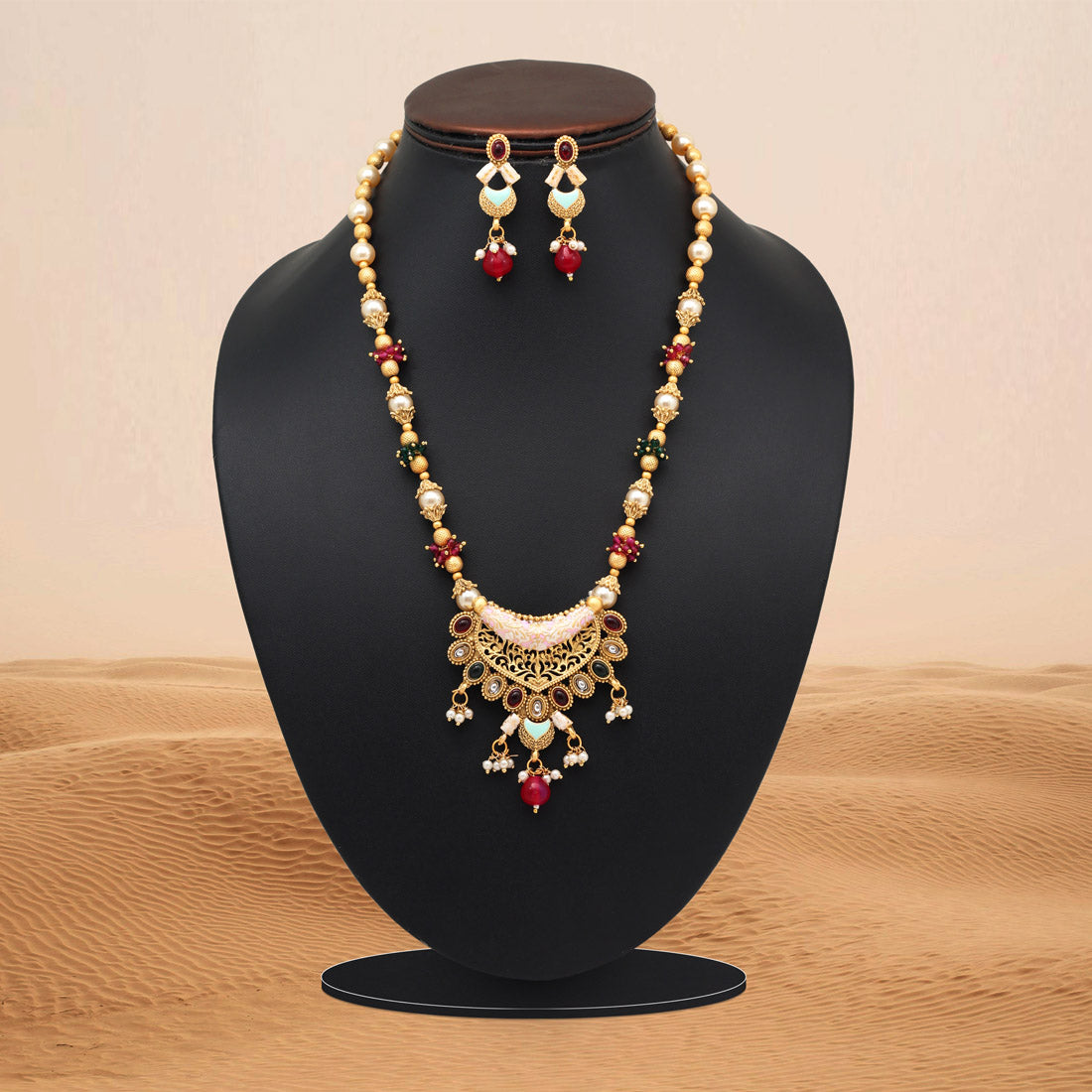 Rani & Green Color Meena Work Matte Gold Rajwadi Temple Necklace Set (TPLN696RNIGRN) - Preyans.com