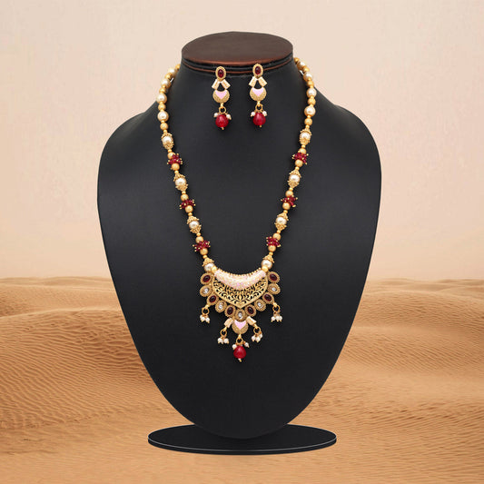 Rani Color Meena Work Matte Gold Rajwadi Temple Necklace Set (TPLN696RNI) - Preyans.com