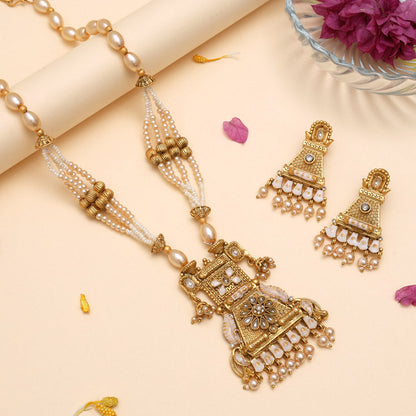 Gold Color Meena Work Matte Gold Rajwadi Temple Necklace Set (TPLN697GLD) - Preyans.com