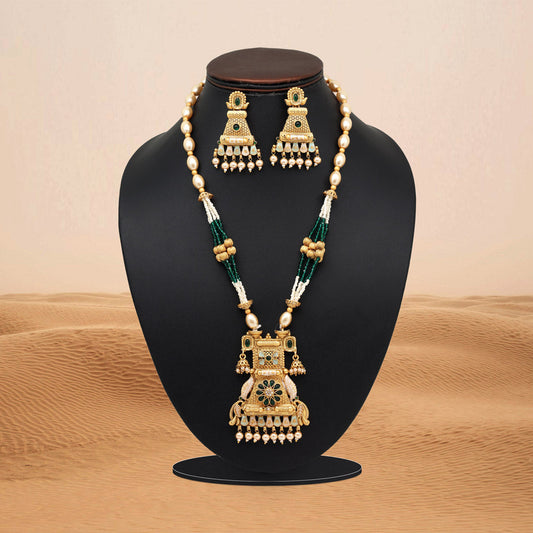 Green Color Meena Work Matte Gold Rajwadi Temple Necklace Set (TPLN697GRN) - Preyans.com