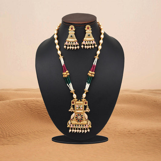 Rani & Green Color Meena Work Matte Gold Rajwadi Temple Necklace Set (TPLN697RNIGRN) - Preyans.com