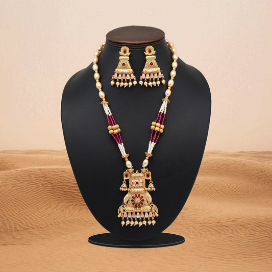 Rani Color Meena Work Matte Gold Rajwadi Temple Necklace Set (TPLN697RNI) - Preyans.com