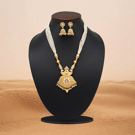 Gold Color Meena Work Matte Gold Rajwadi Temple Necklace Set (TPLN698GLD) - Preyans.com