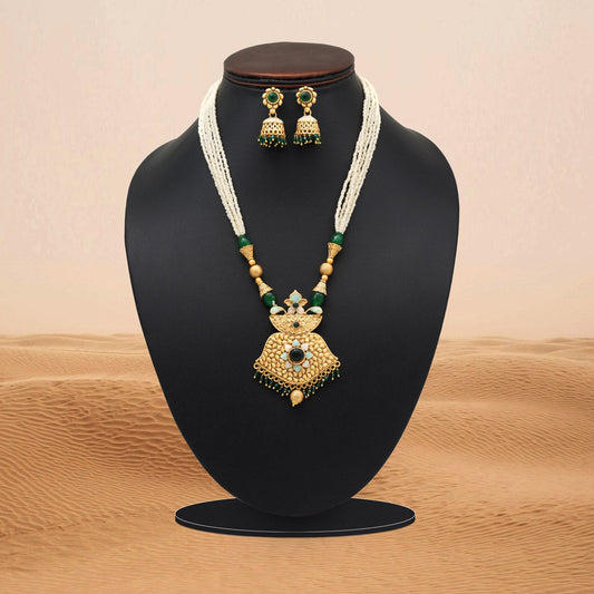 Green Color Meena Work Matte Gold Rajwadi Temple Necklace Set (TPLN698GRN) - Preyans.com