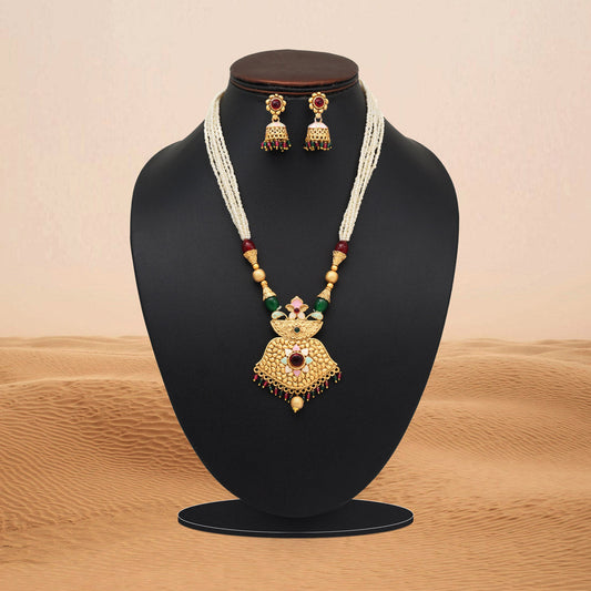 Maroon & Green Color Meena Work Matte Gold Rajwadi Temple Necklace Set (TPLN698MG) - Preyans.com