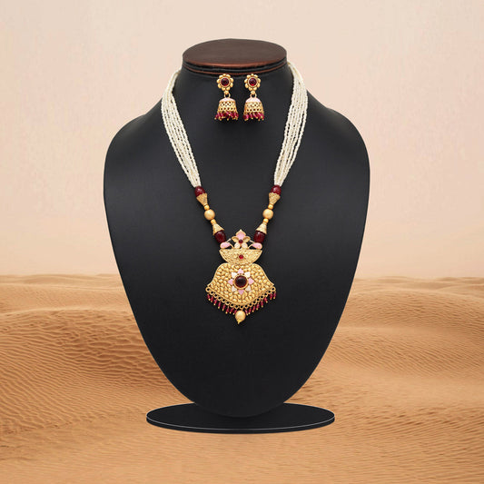 Maroon Color Meena Work Matte Gold Rajwadi Temple Necklace Set (TPLN698MRN) - Preyans.com