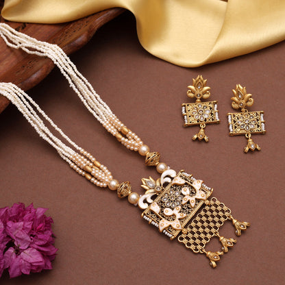 Gold Color Meena Work Matte Gold Rajwadi Temple Necklace Set (TPLN699GLD) - Preyans.com