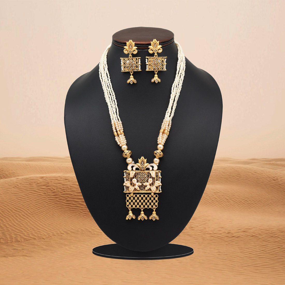 Gold Color Meena Work Matte Gold Rajwadi Temple Necklace Set (TPLN699GLD) - Preyans.com