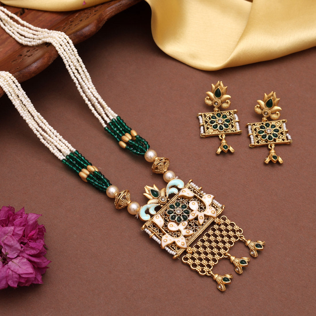 Green Color Meena Work Matte Gold Rajwadi Temple Necklace Set (TPLN699GRN) - Preyans.com