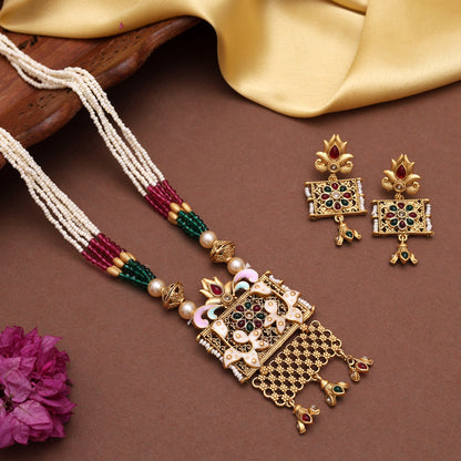 Rani & Green Color Meena Work Matte Gold Rajwadi Temple Necklace Set (TPLN699RNIGRN) - Preyans.com