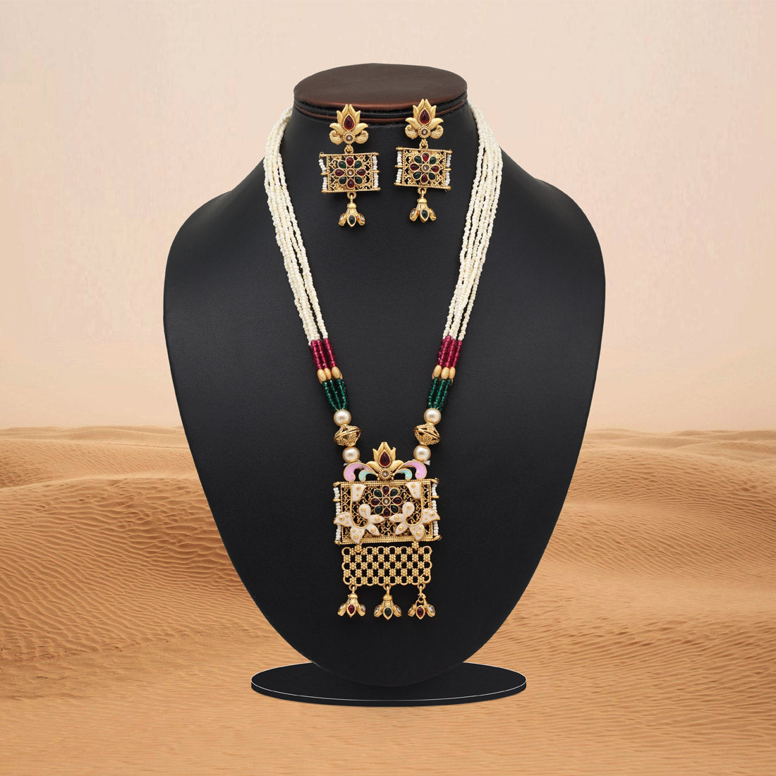 Rani & Green Color Meena Work Matte Gold Rajwadi Temple Necklace Set (TPLN699RNIGRN) - Preyans.com