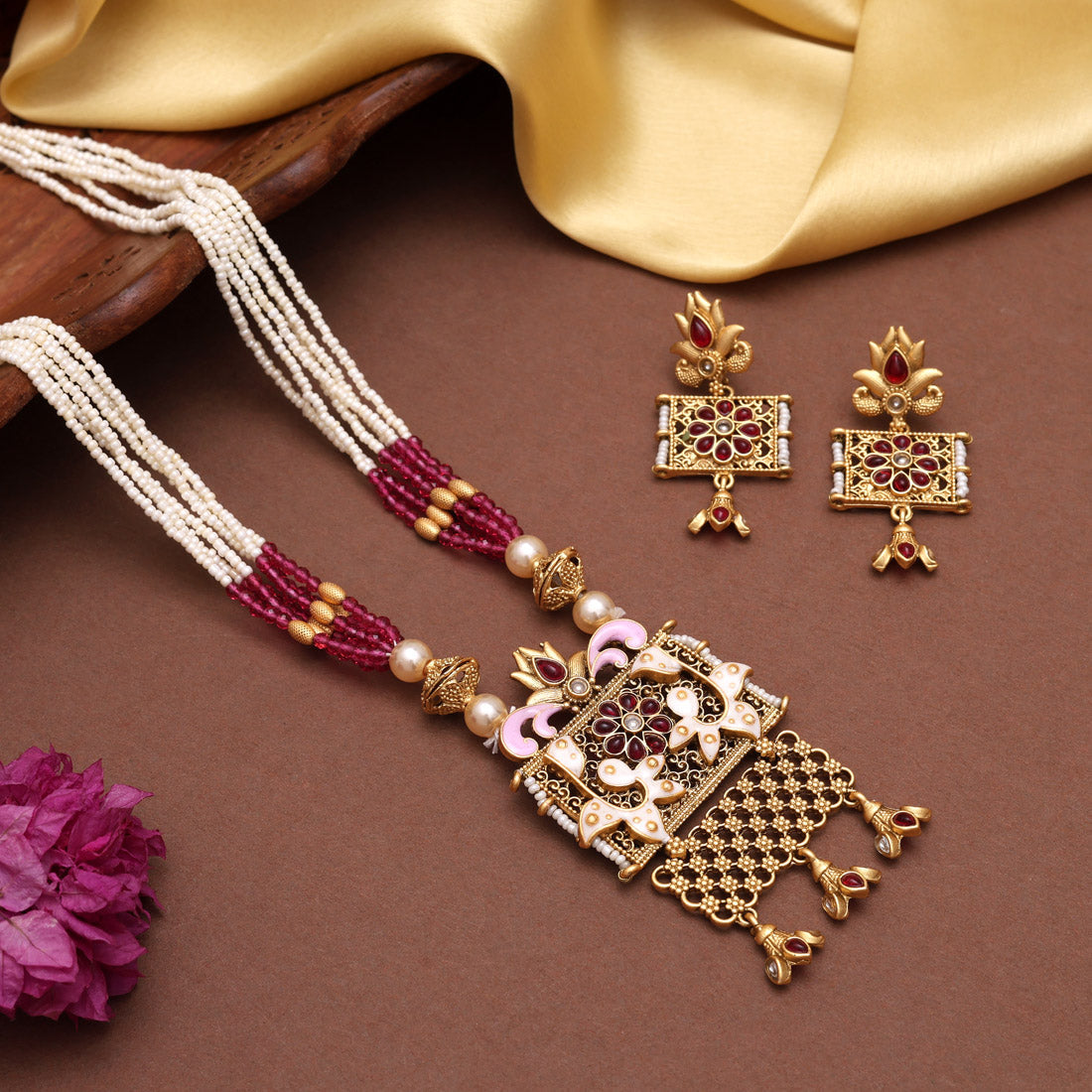 Rani Color Meena Work Matte Gold Rajwadi Temple Necklace Set (TPLN699RNI) - Preyans.com