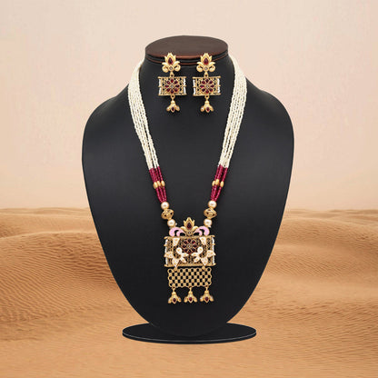 Rani Color Meena Work Matte Gold Rajwadi Temple Necklace Set (TPLN699RNI) - Preyans.com