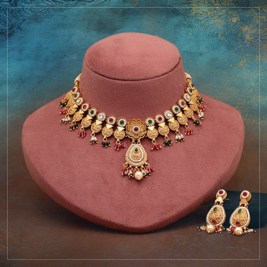 Rani & Green Color Matte Gold Rajwadi Temple Necklace Set (TPLN712RNIGRN) - Preyans.com