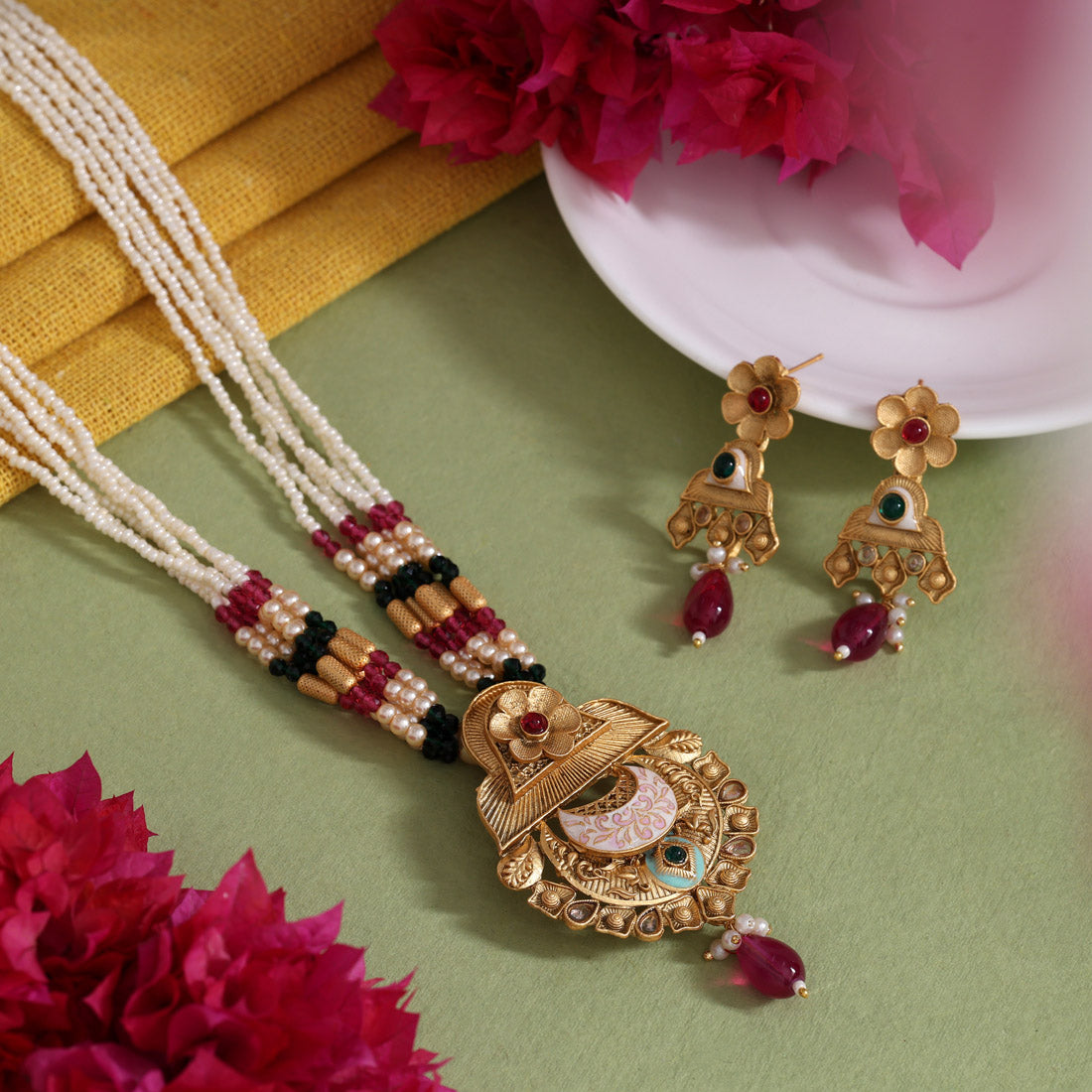 Rani & Green Color Meena Work Matte Gold Rajwadi Temple Necklace Set (TPLN714RNIGRN) - Preyans.com