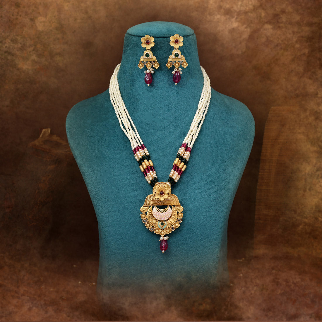 Rani & Green Color Meena Work Matte Gold Rajwadi Temple Necklace Set (TPLN714RNIGRN) - Preyans.com