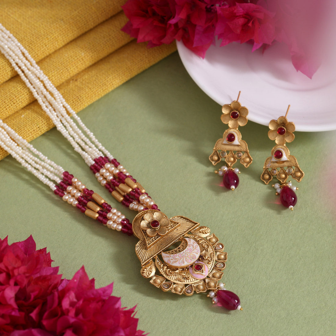 Rani Color Meena Work Matte Gold Rajwadi Temple Necklace Set (TPLN714RNI) - Preyans.com