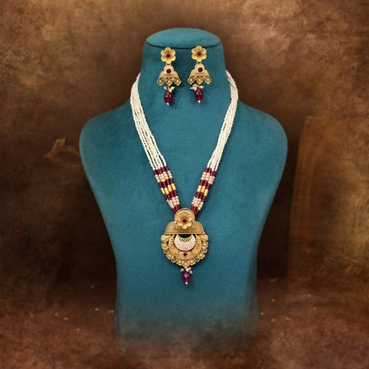 Rani Color Meena Work Matte Gold Rajwadi Temple Necklace Set (TPLN714RNI) - Preyans.com