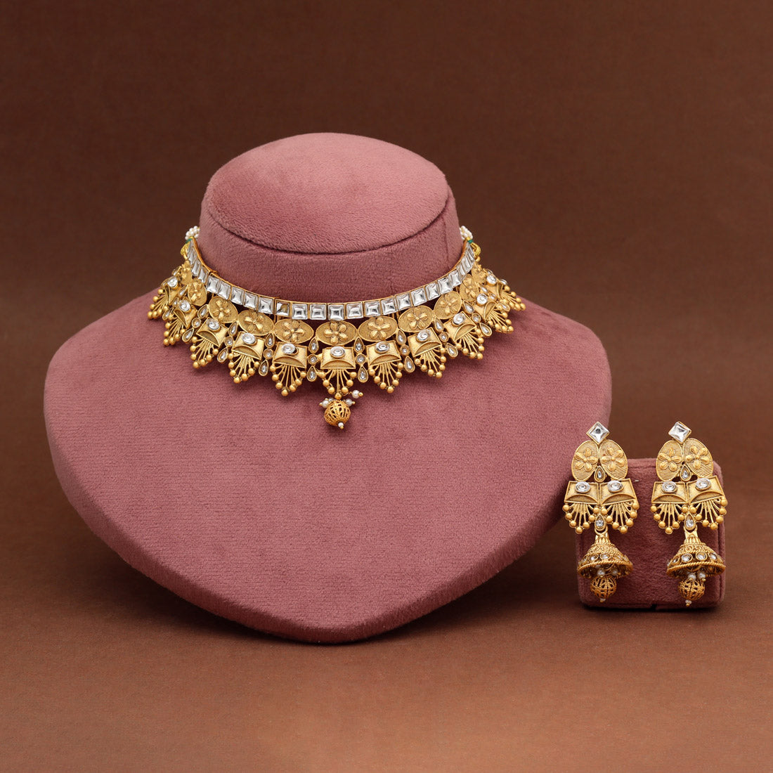 Gold Color Matte Gold Rajwadi Temple Necklace Set (TPLN715GLD) - Preyans.com