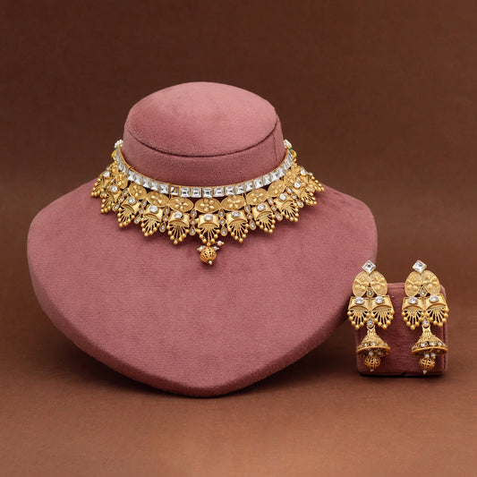 Gold Color Matte Gold Rajwadi Temple Necklace Set (TPLN715GLD)