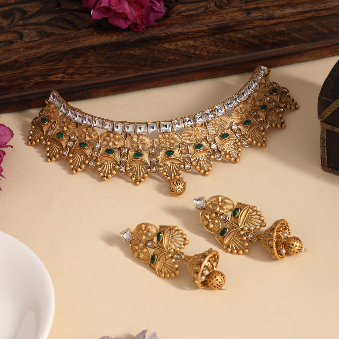 Green Color Matte Gold Rajwadi Temple Necklace Set (TPLN715GRN) - Preyans.com