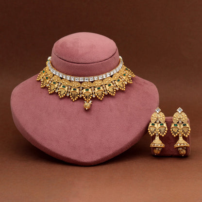 Green Color Matte Gold Rajwadi Temple Necklace Set (TPLN715GRN) - Preyans.com