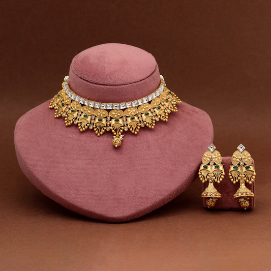 Green Color Matte Gold Rajwadi Temple Necklace Set (TPLN715GRN) - Preyans.com