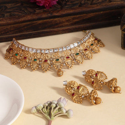 Rani & Green Color Matte Gold Rajwadi Temple Necklace Set (TPLN715RNIGRN) - Preyans.com